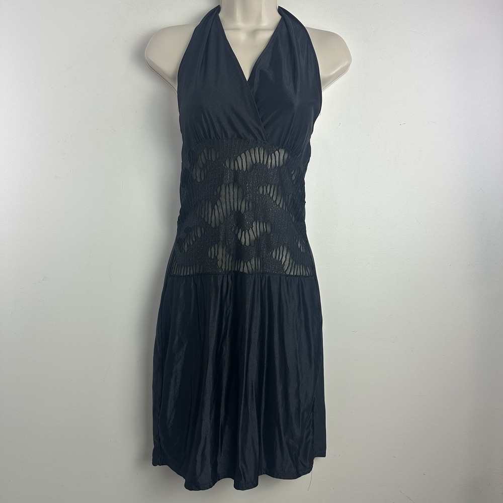 Vintage 90s Y2k Black Babydoll Halter Dress Sheer Party Coquette Romantic Goth L